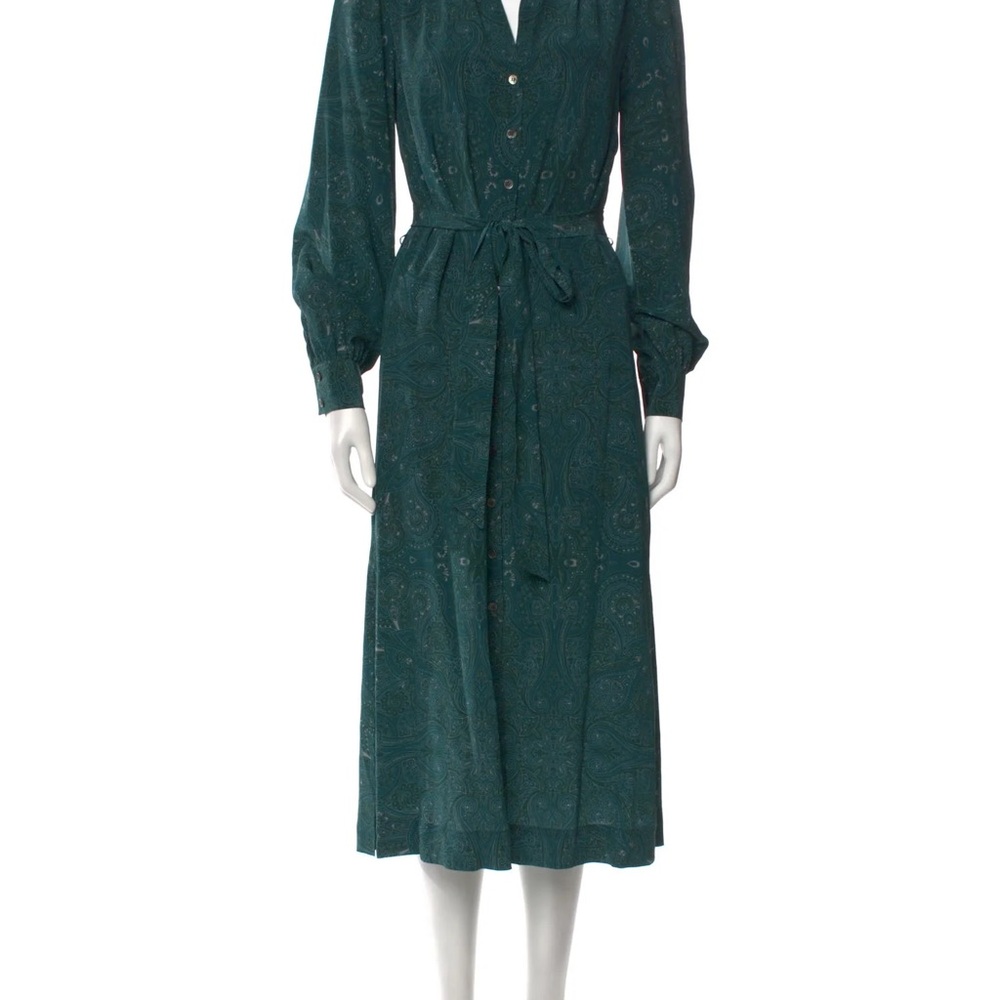 INTERMIX Silk Paisley Teal Long Sleeve Shirt Dress